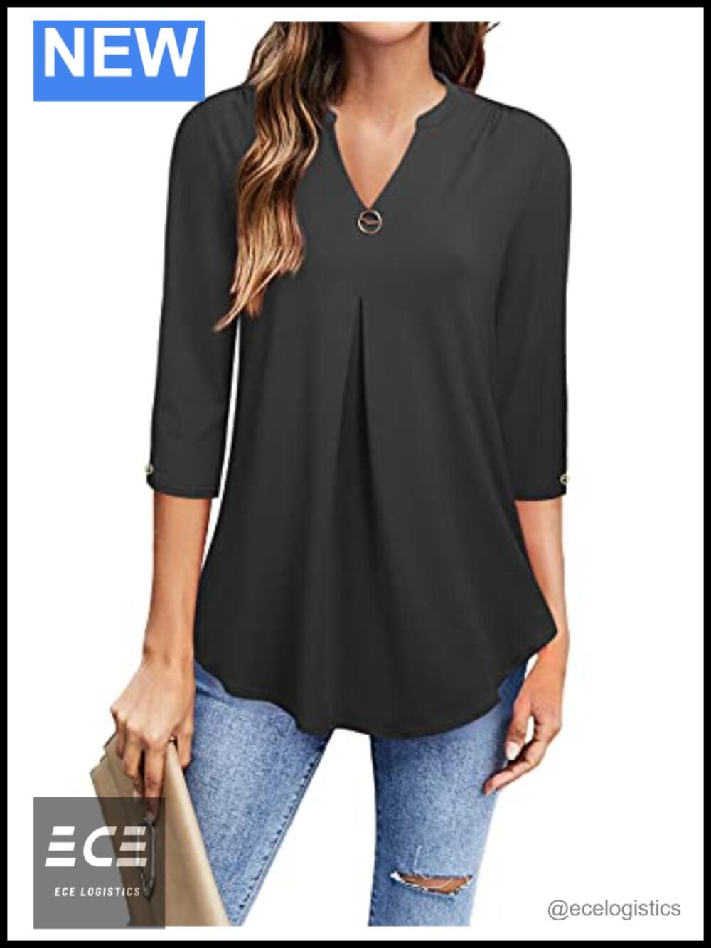 Womens Tunic Top 3/4 Sleeve V Neck Pleated Blouse Loose Fit